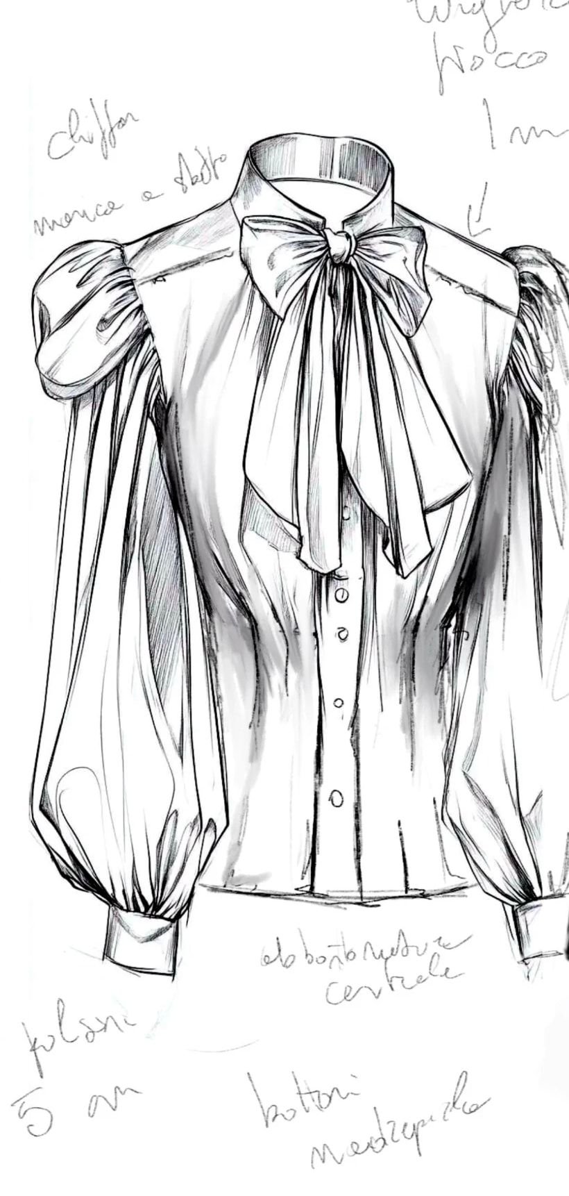 Il bozzetto originale della camicia, con le note a mano: chiffon, manica a sbuffo, fiocco, polsini, bottoni di madreperla